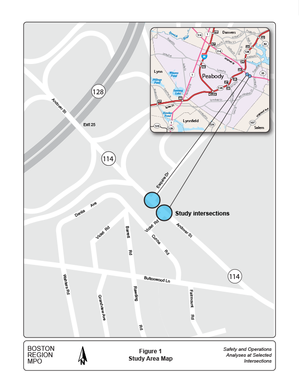 Figure 1 is a computer-drawn map showing the location of the intersection and the surrounding roadways.
